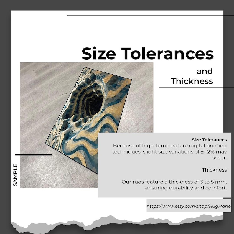 May include: A rectangular rug with a unique design, featuring a dark central void surrounded by swirling blue and gold patterns. The rug's thickness is 3 to 5 mm, ensuring durability and comfort. The text on the image says "Size Tolerances and Thickness".