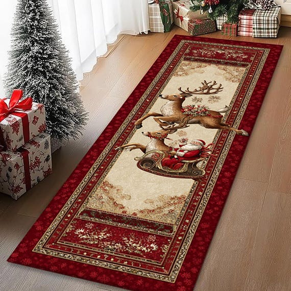 Santa Sleigh Christmas Runner, Reindeer Print Hallway Rug, Festive Holiday Entryway Mat