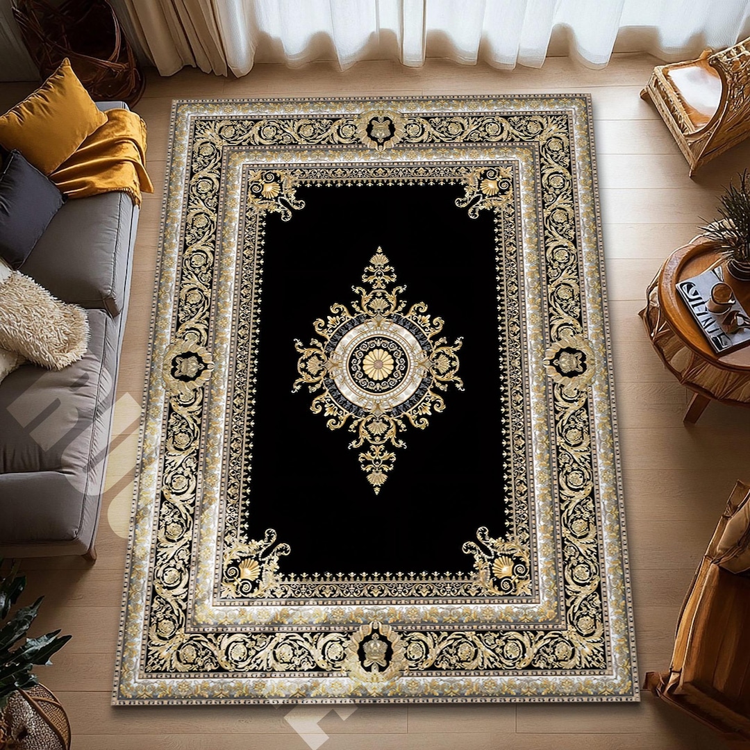 Opulent Black and Gold Area Rug, Baroque Style, Luxury Statement Decor ...