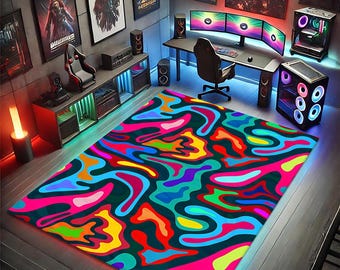 Colorful Abstract Pop Art Area Rug, Modern Graphic Gaming Room Floor Decor