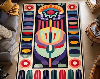 Abstract Floral Area Rug, Geometric Retro Digital Print Carpet