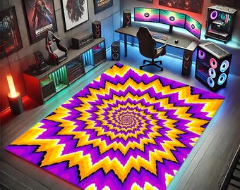 May include: A vibrant area rug with a psychedelic design in shades of yellow, purple, and black. The rug features a repeating spiral pattern, creating an optical illusion. The rug is placed in a gaming room setting.