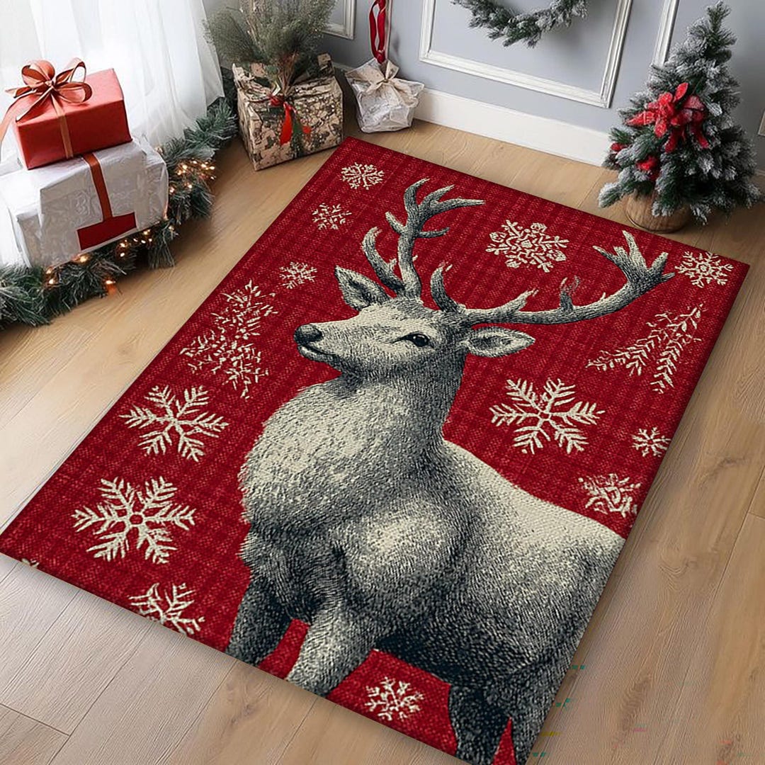 Majestic Winter Stag Rectangular Rug, Red and White Christmas Decor ...
