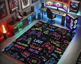 Large Gamer Room Rug, Neon Geometric Gaming Carpet, Cool Esports Area Mat for Stream Setup and Video Game Bedroom Decoration