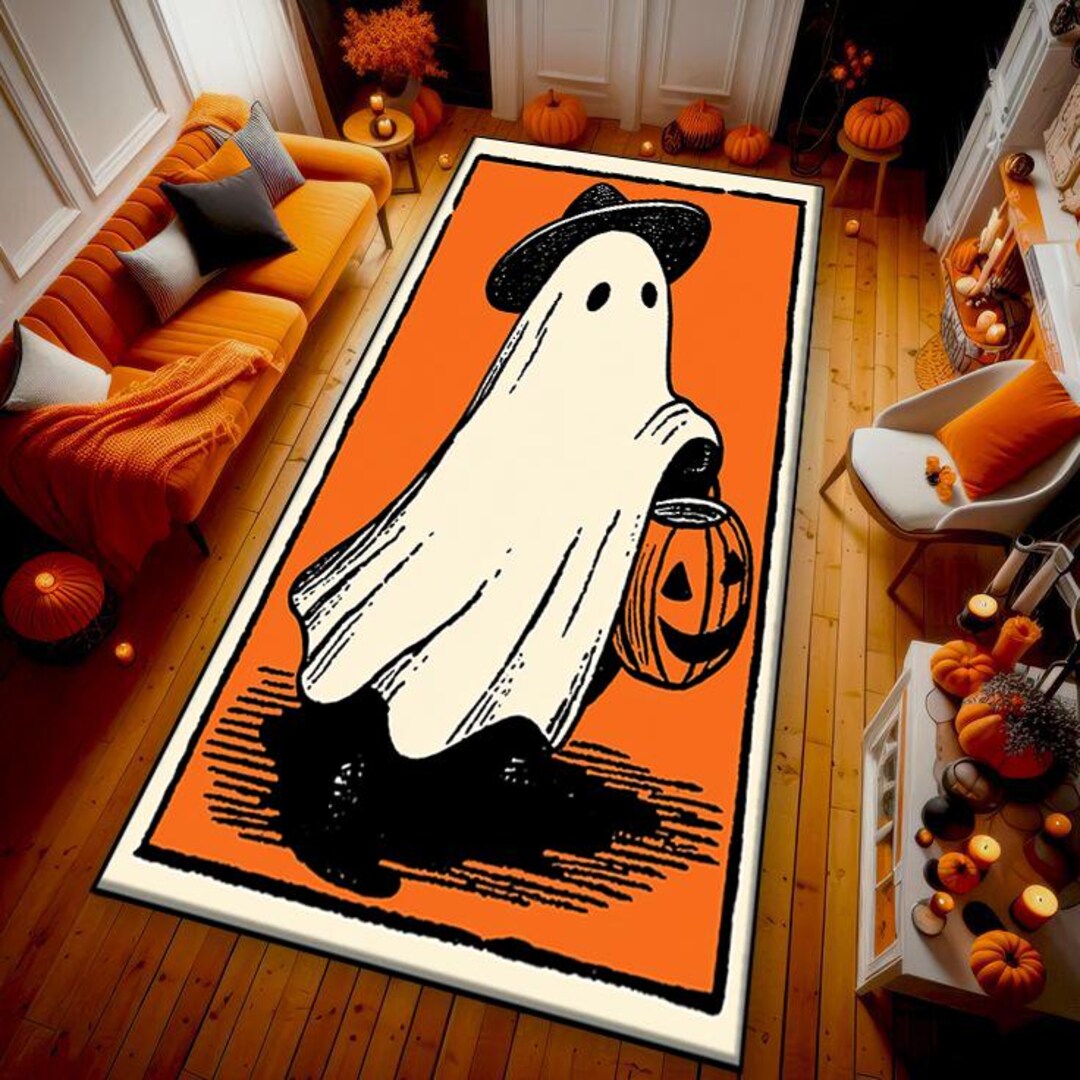 Ghost Rugs Vintage Halloween Ghost Rug – Retro Trick or Treat Carpet With Pumpkin ...