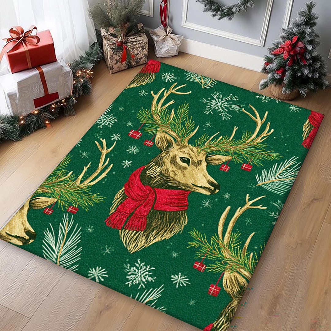 Elegant Christmas Reindeer Rectangular Rug, Emerald Green Winter ...