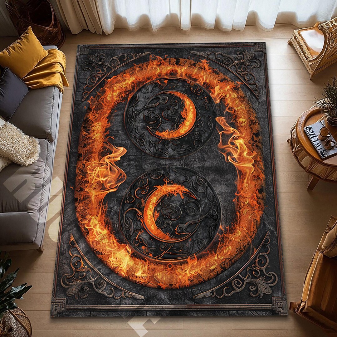 Digital Print Fire Circle Rug Dark Gothic Flame Symbol Abstract Area ...