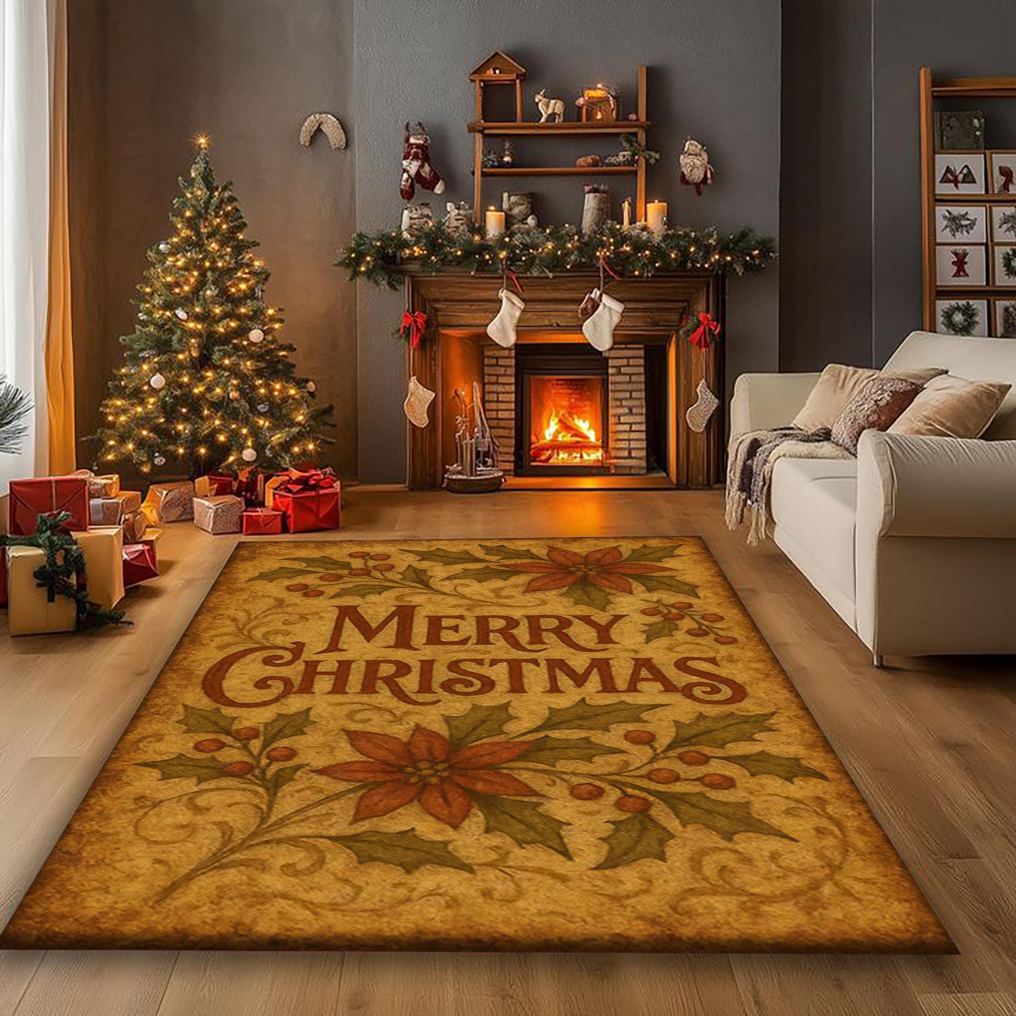 Vintage Christmas Floor Rug With Holly Leaves and Merry Christmas