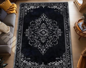 Black and Silver Ornate Area Rug, Luxury Victorian Damask Carpet, Dark Gothic Bedroom Decor, Elegant Vintage Living Room Rug