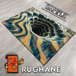 May include: A rectangular rug with a 3D optical illusion design. The rug features a central hole effect with swirling patterns in shades of blue, gold, and gray. The word "SAMPLE" is printed on the top right corner.