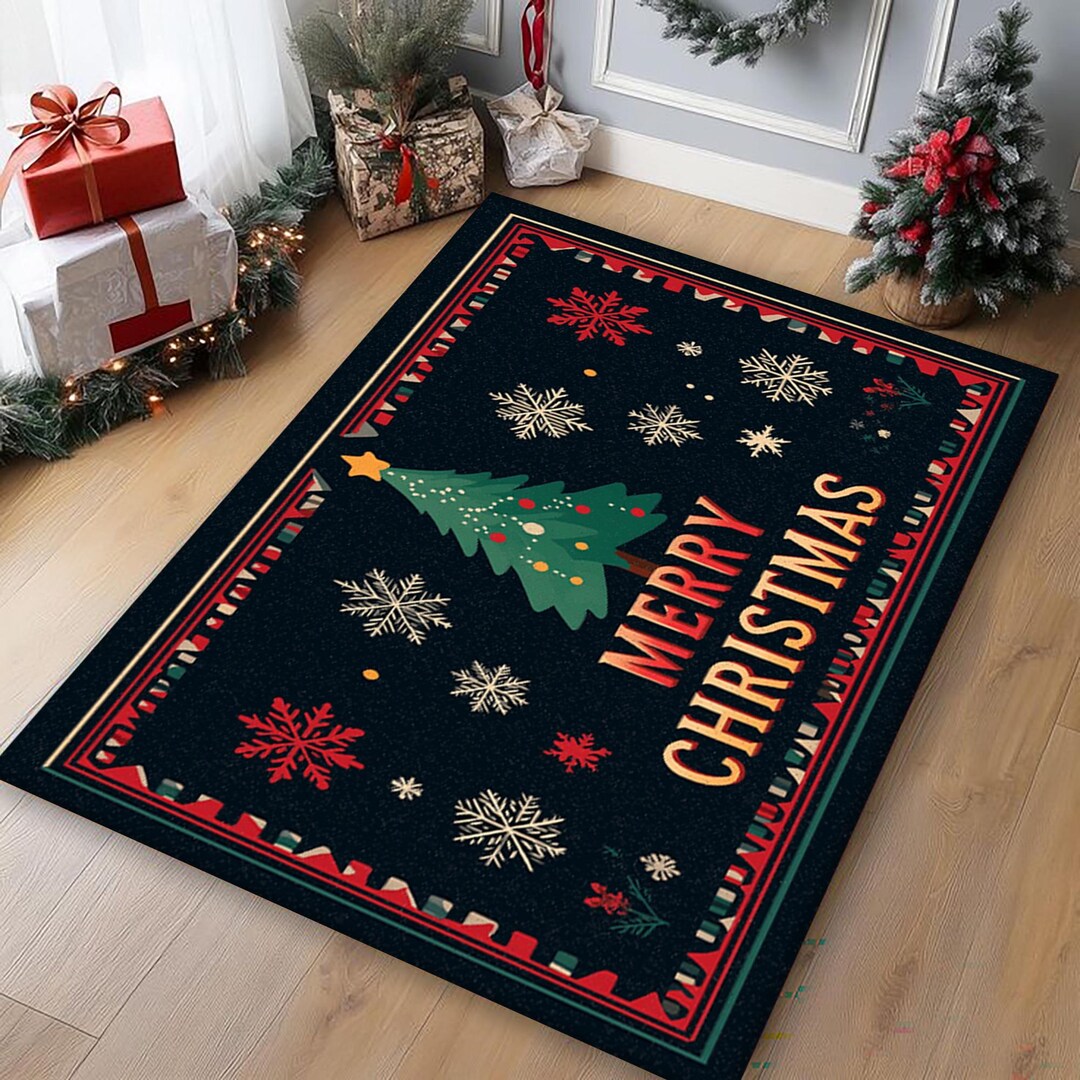 Xmas Tree Rug Merry Christmas Tree Rectangular Rug, Dark Holiday Floor Mat, Festive ...