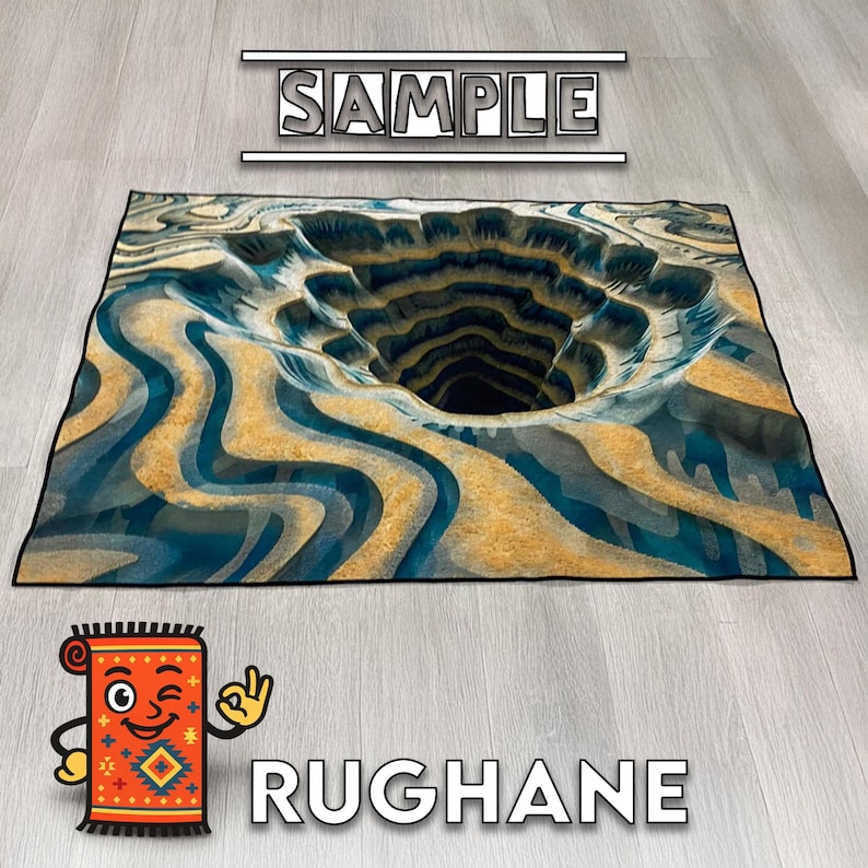 May include: A rectangular rug with a 3D design of a deep hole, featuring blue, tan, and gray wavy patterns. The word "SAMPLE" is above the rug, and the word "RUGHANE" is below it, along with a cartoon rug character.