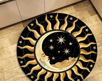Celestial Sun and Moon Round Rug, Vintage Astrology Decor