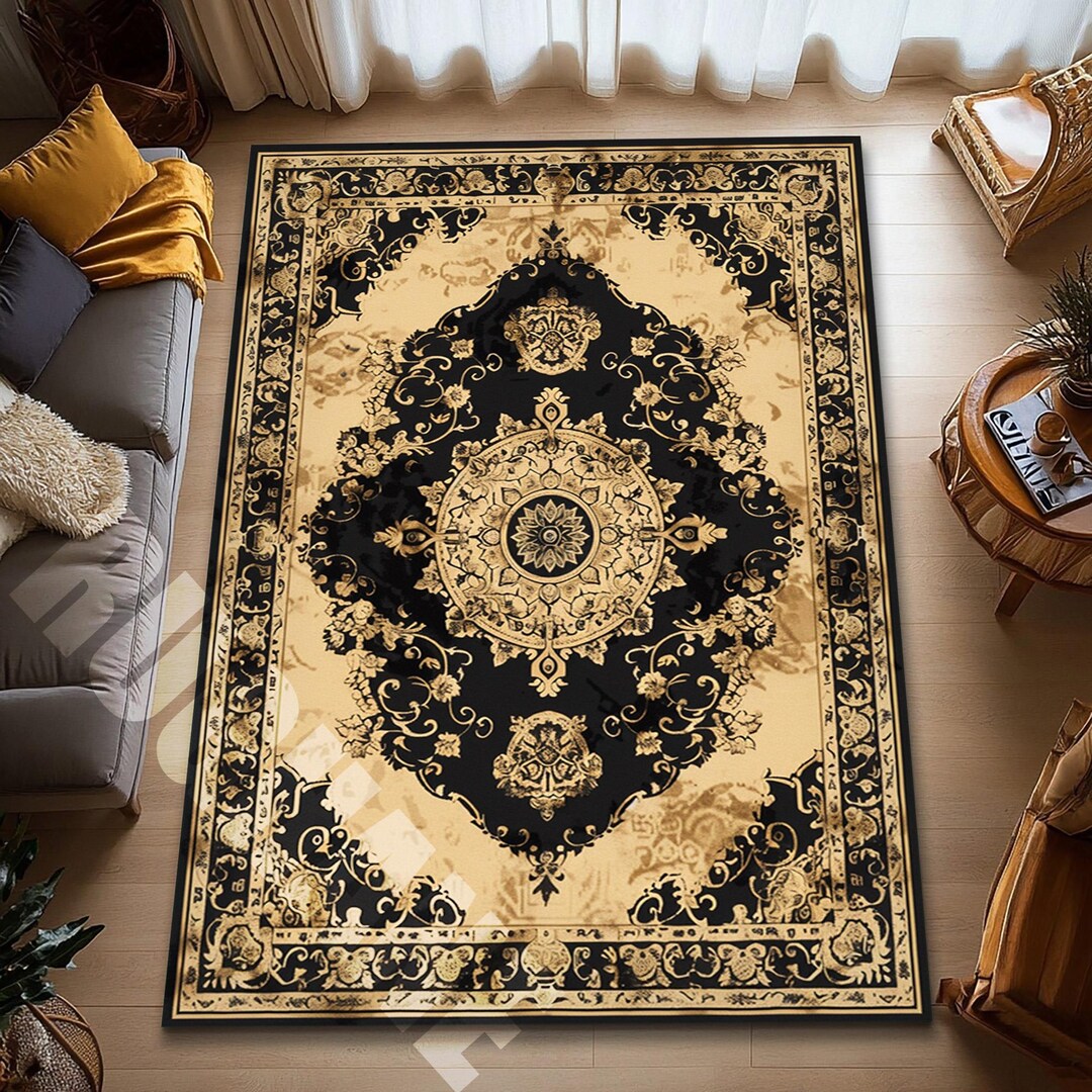 Black Gold Digital Printed Rug Vintage Ornate Area Carpet - Etsy