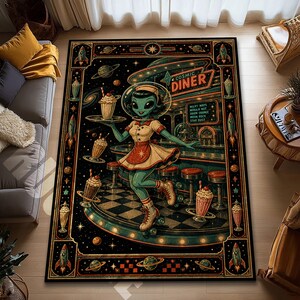 May include: A rectangular rug featuring a retro-futuristic diner scene with an alien waitress. The rug has a black background with a border of rockets and planets. The diner sign reads "Cosmic Diner". The waitress is holding a tray of milkshakes.