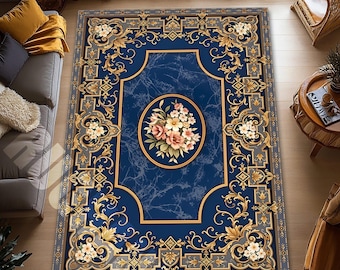 Navy Blue Baroque Rug, Luxury Floral Classic Area Decor