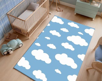 Blue Sky Cloud Kids Rug, Soft Nursery Carpet with White Clouds, Baby Room Floor Mat for Toddler Bedroom, Playroom and Minimalist Decor