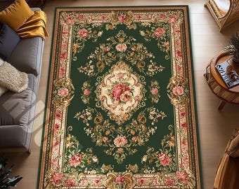 Elegant Emerald Green Floral Area Rug, Traditional French Style Carpet, Vintage Rose Pattern Living Room Decor, Luxury Accent