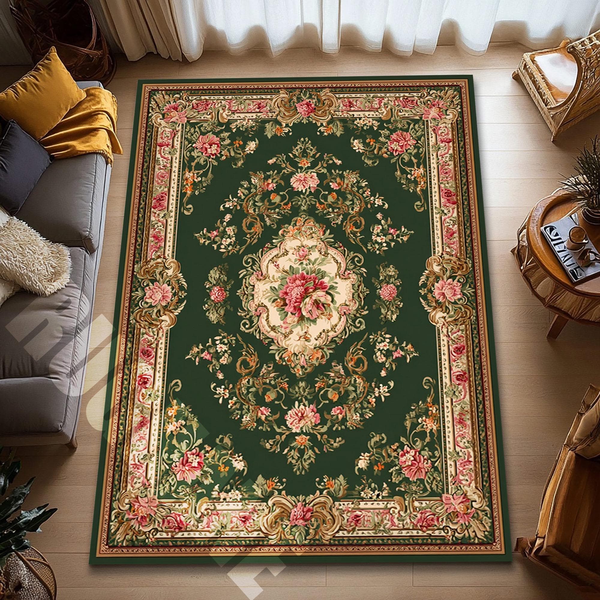 Elegant Emerald Green Floral Area Rug, Traditional French Style