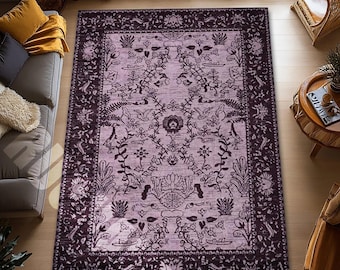 Mauve Botanical Digital Printed Rug Vintage Floral Area Carpet