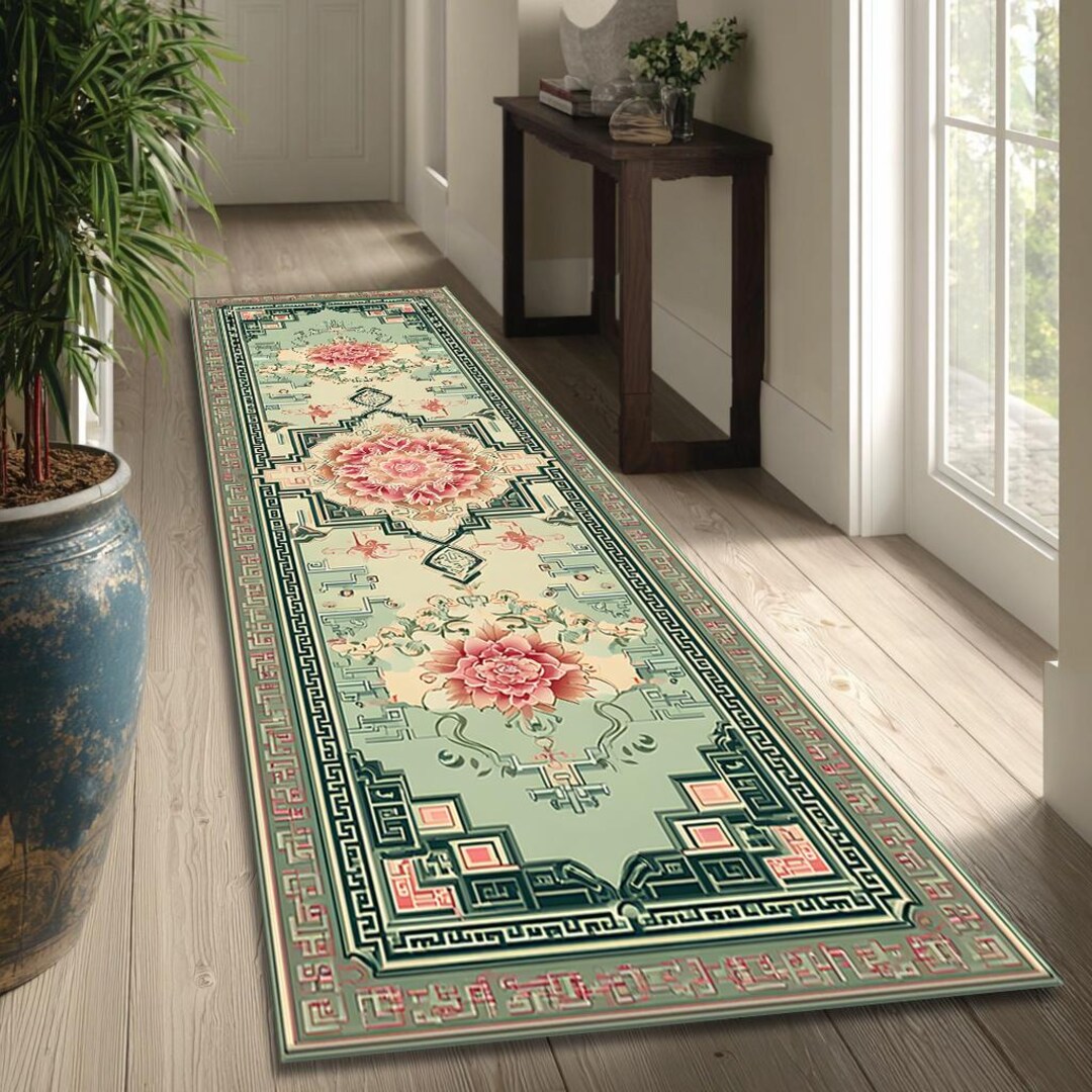 Unique Runner Rugs Green Floral Runner Rug Digital Print Vintage Oriental Pattern Hallway ...