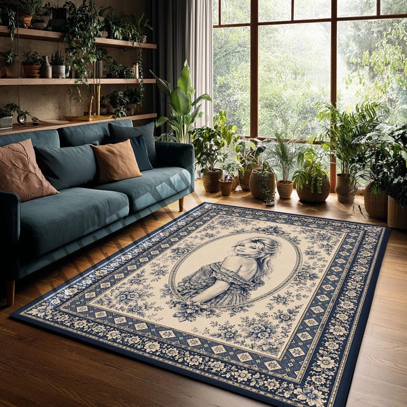 May include: A rectangular area rug with a cream-colored center featuring a portrait of a woman in a blue and white oval frame. The rug has a navy blue border with floral and geometric patterns, and is placed on a wooden floor.