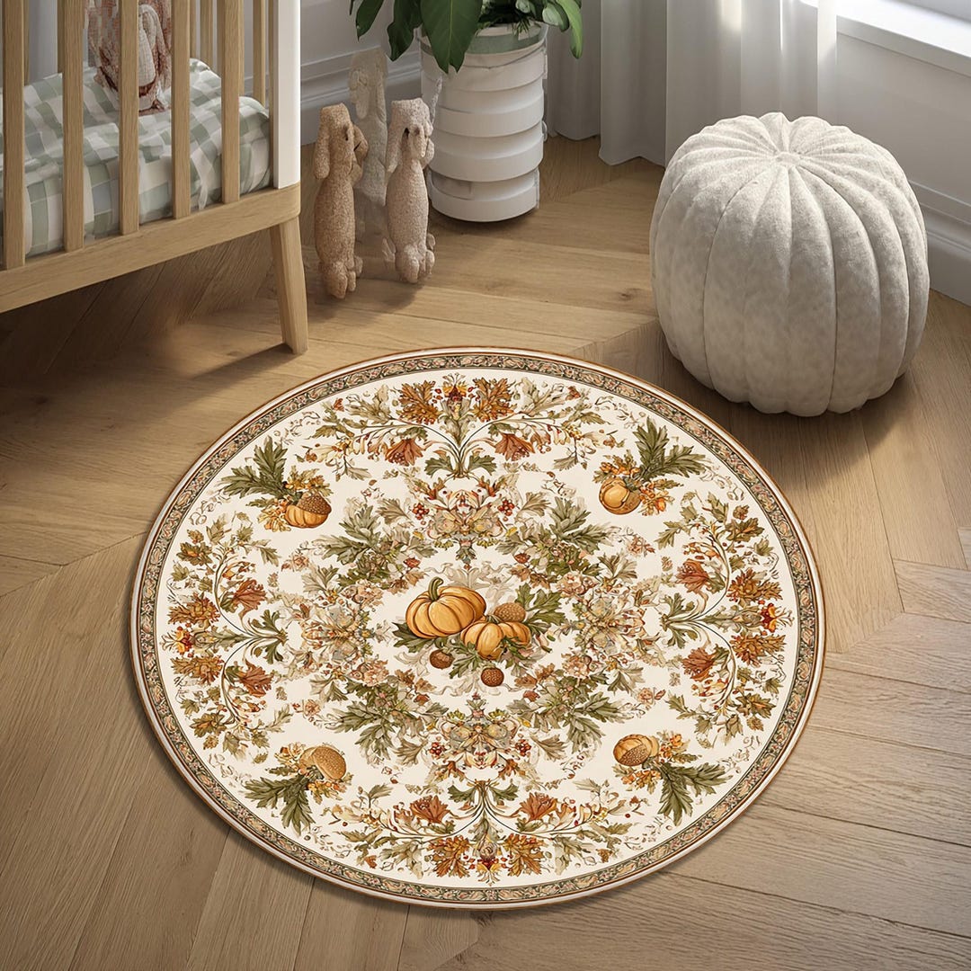 Round Autumn Rug Elegant Fall Floral Round Rug, Vintage Pumpkin Damask Kitchen Mat ...