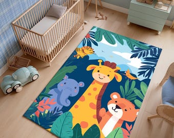 Safari Kids Rug with Giraffe Elephant and Lion, Jungle Animal Playroom Carpet, Soft Nursery Floor Mat for Baby Room and Toddler Bedroom