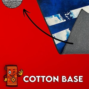 May include: A section of a blue and white patterned rug with a gray cotton base. The rug has a blue background with white stripes and paint splatters. The image also shows a close-up of the rug's texture and the words "COTTON BASE".