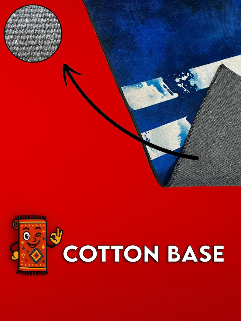 May include: A section of a blue and white patterned rug with a gray cotton base. The rug has a blue background with white stripes and paint splatters. The image also shows a close-up of the rug's texture and the words "COTTON BASE".