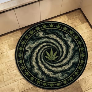 Digital Print Cannabis Leaf Round Rug Smoke Spiral Pattern Dark Green Area Carpet