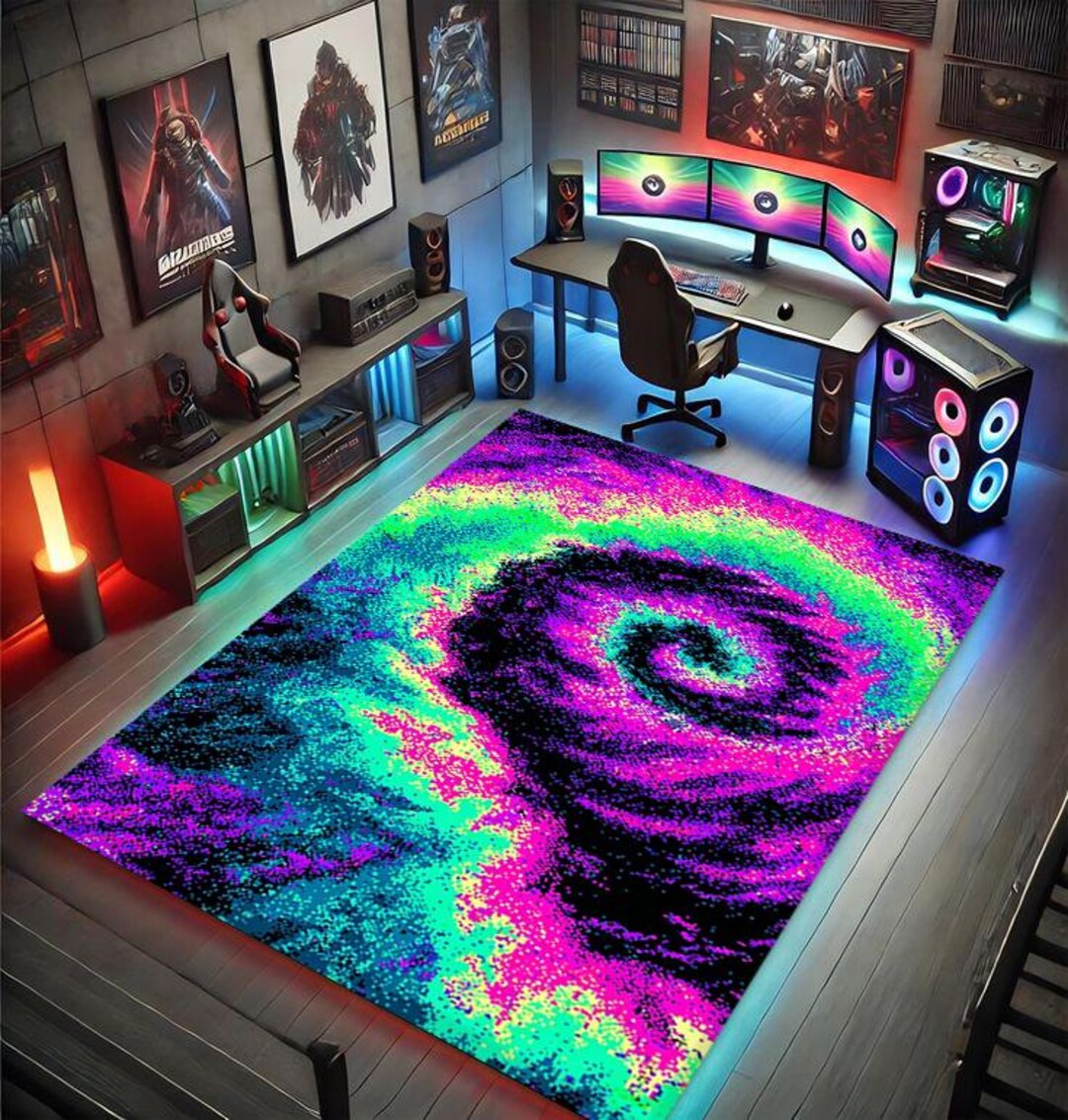 Neon Spiral Galaxy Gaming Rug, Colorful Cosmic Swirl Pattern Carpet for ...