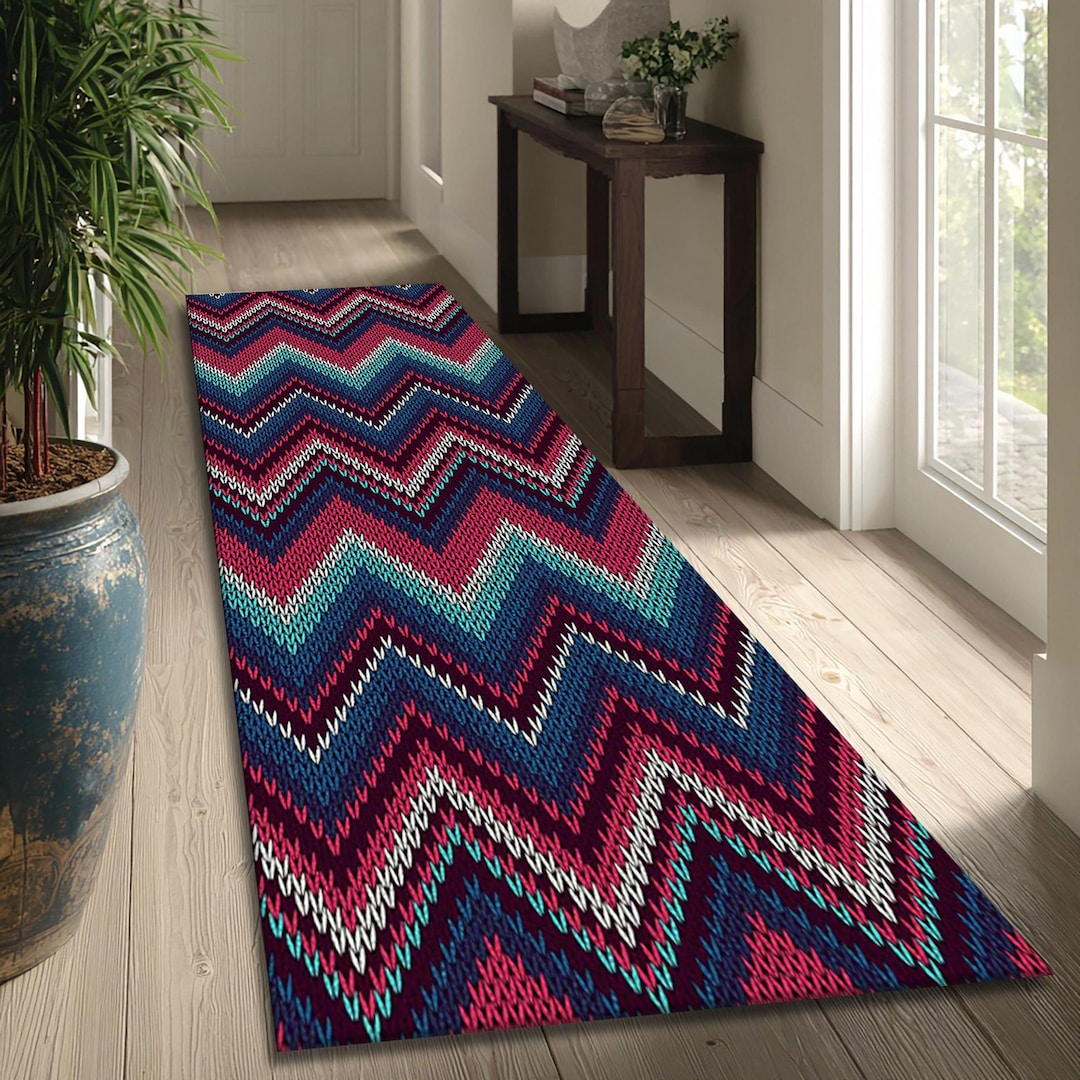 Contemporary Pattern Runner Rugs Zigzag Knit Pattern Runner Rug – Modern Geometric Hallway Floor Decor ...