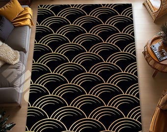 Black Gold Art Deco Rug Elegant Geometric Modern Home Decor