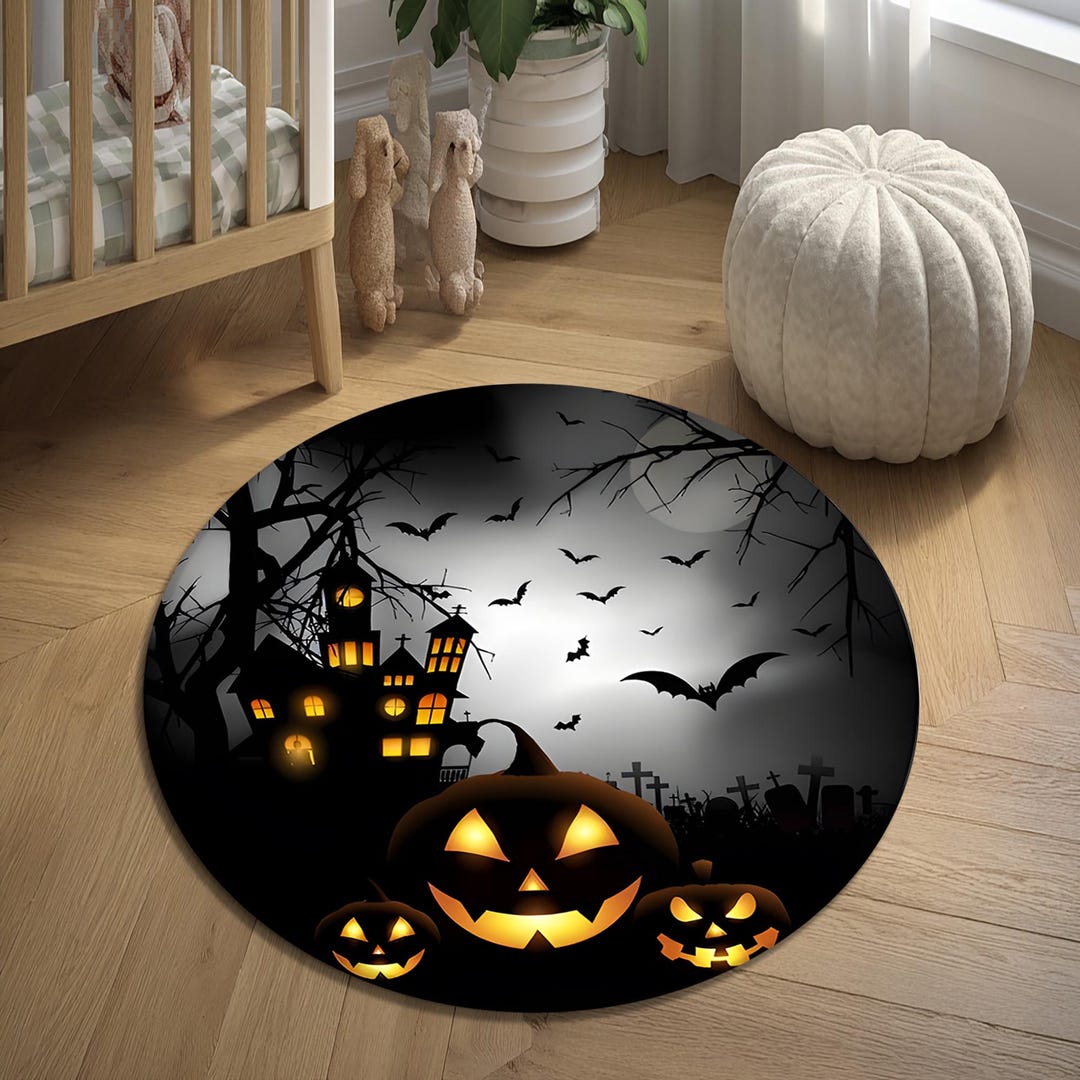 Halloween Round Rug, Spooky Pumpkin Carpet, Haunted House Mat, Gothic ...