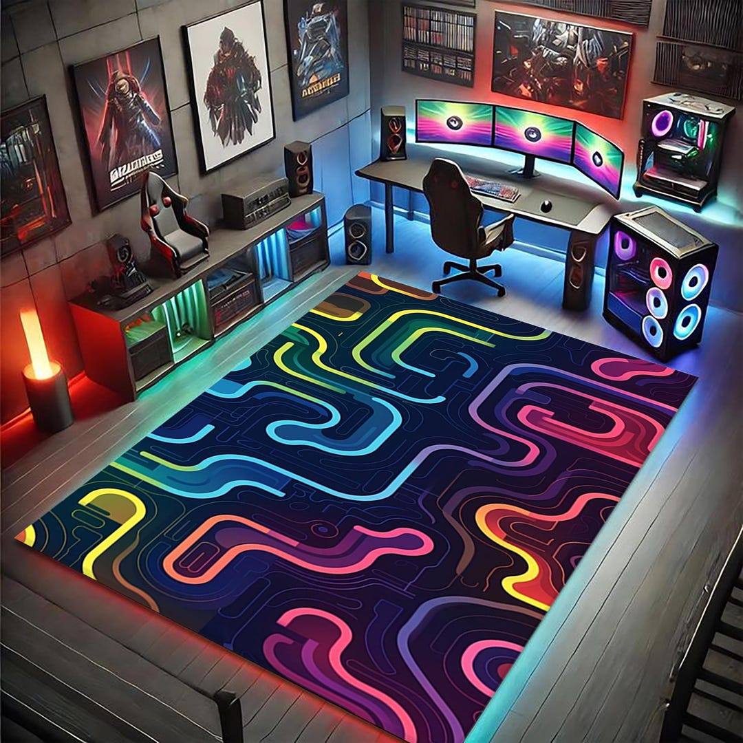Pcb Rug Circuit Board Neon Maze Area Rug, Tech Gamer Room Mat - Etsy