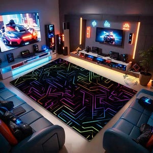 May include: A modern entertainment room featuring a large black rug with a neon geometric design in shades of purple, blue, green, and yellow. The room includes two large TVs, blue sofas, and neon lighting.