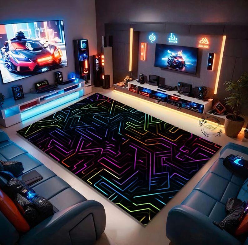 May include: A modern entertainment room featuring a large black rug with a neon geometric design in shades of purple, blue, green, and yellow. The room includes two large TVs, blue sofas, and neon lighting.