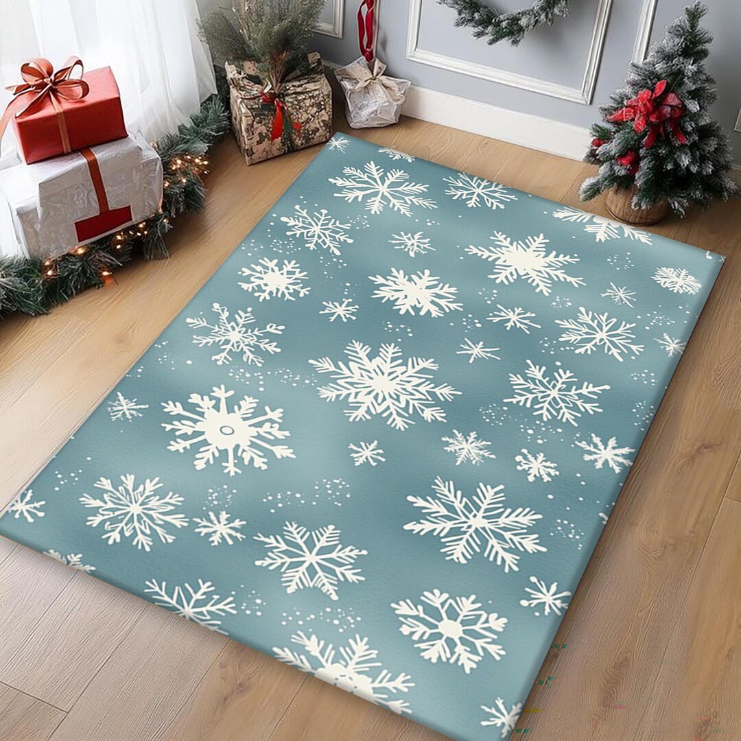 Round Blue Snowflake Rug Winter Snowflake Pattern Rectangular Rug, Dusty Blue Seasonal Floor Mat ...