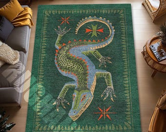 Green Crocodile Pattern Rug – Modern Animal Print Carpet for Living Room or Bedroom Decor