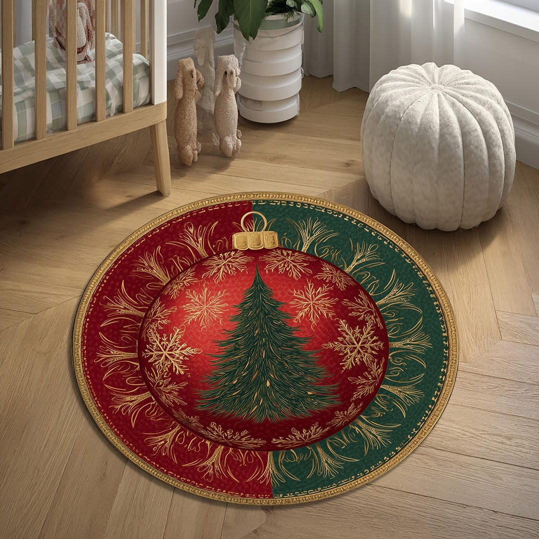Giant Ornament Christmas Round Rug, Red Green Gold Holiday Mat - Etsy