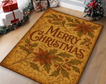 以下が含まれることがあります： ヴィンテージデザインの長方形クリスマスラグ。ラグには、茶色の装飾的なフォントで「MERRY CHRISTMAS」という言葉が記されており、ポインセチア、ヒイラギの葉、ベリーのイラストがベージュの背景に描かれています。