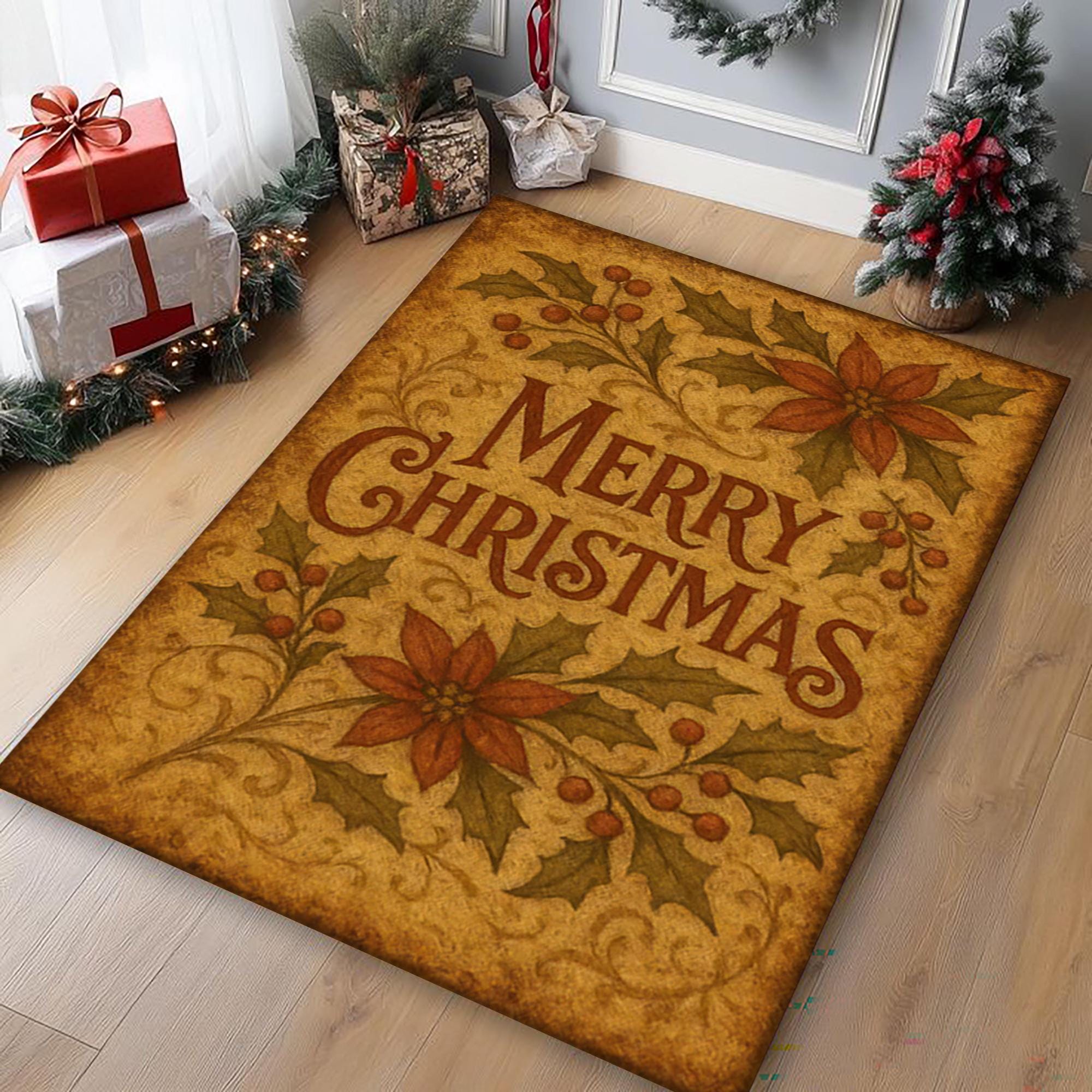 67×156 “Holiday Lights” ViNTAGE RUG Vintage Christmas Floor Rug With Holly Leaves and Merry Christmas
