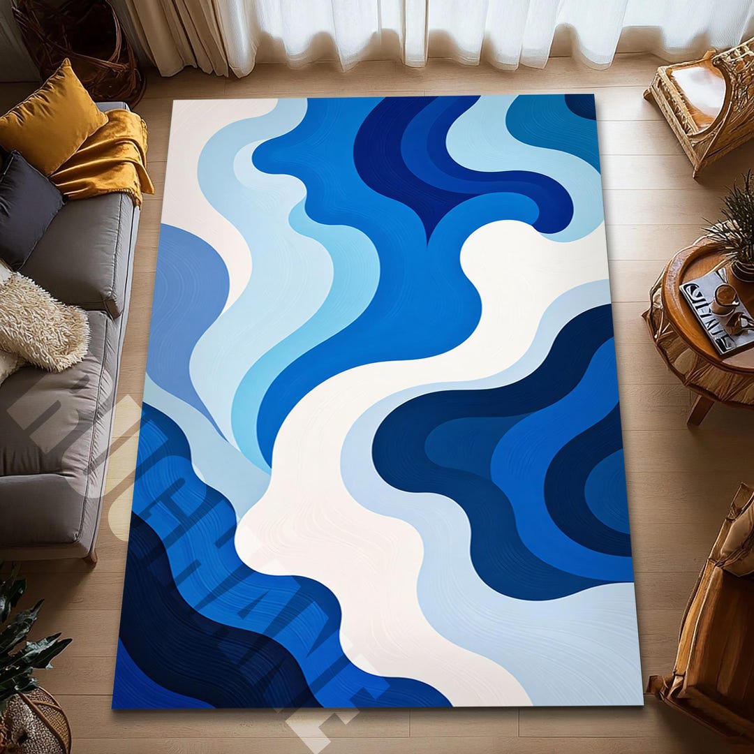 Blue Rug Abstract Pattern Blue Abstract Wave Rug Modern Flowing Pattern Contemporary Home Decor ...