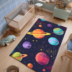 Colorful Space Rug for Kids Room with Planets and Stars, Galaxy Play Carpet, Educational Nursery Decor, Outer Space Floor Mat
