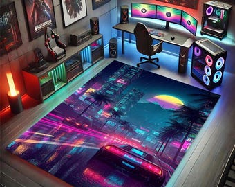 May include: A gaming room featuring a rug with a neon cityscape design, a desk with multiple monitors, and a gaming chair. The room is decorated with posters and illuminated by colorful LED lights, creating a vibrant atmosphere.