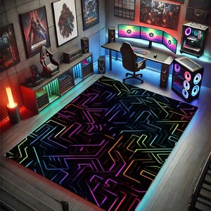 May include: A gaming room with a black rug displaying a neon geometric pattern in purple, blue, green, and orange. The room includes a desk with multiple monitors, a gaming chair, and computer towers with colourful lights.
