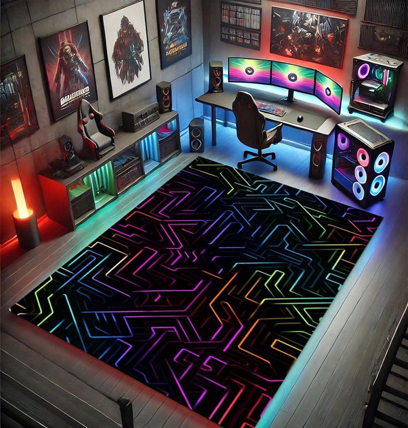 May include: A gaming room featuring a black rug with a neon geometric design in shades of purple, blue, green, and orange. The room includes a desk with multiple monitors, a gaming chair, and computer towers with colorful lights.