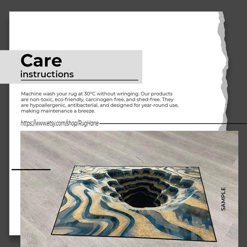 May include: A square rug with a 3D design resembling a deep hole. The rug features blue and beige wavy patterns. The image also includes text that says "Care instructions" and "SAMPLE".