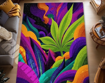 Colorful Abstract Botanical Area Rug, Psychedelic Modern Art Living Room Decor